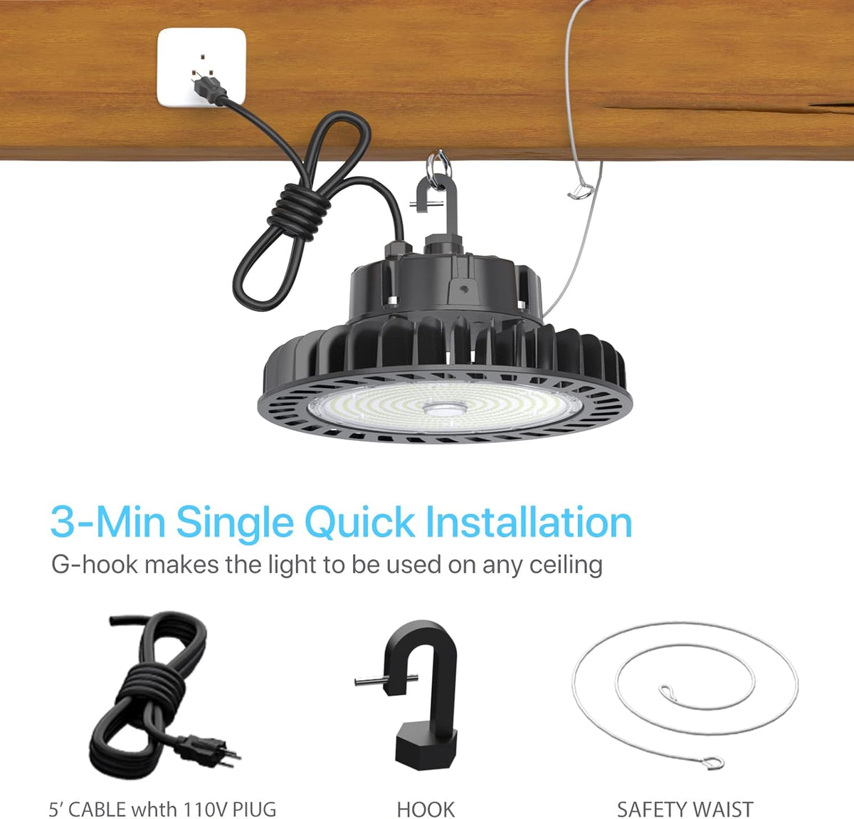 250W 5000K Dimmable LED UFO High Bay Light with 5' Cable and 110V Plug R1772