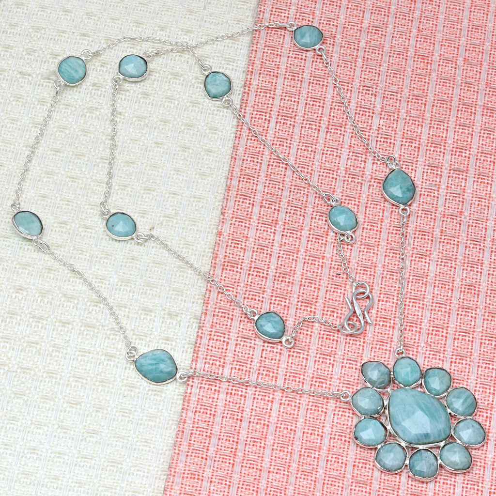 Antique 925 Silver Amazonite Gemstone Necklace 26'' Q1605