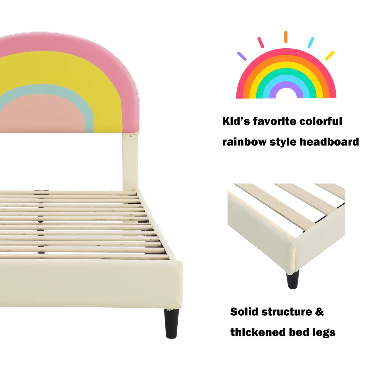 Twin Size Upholstered Platform Bed with Rainbow Shape Headboard and Lights U6485