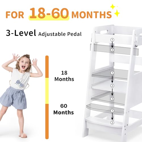 Bamboo Toddler Kitchen Step Stool White Height Adjustable with Anti-Slip Protection W4379