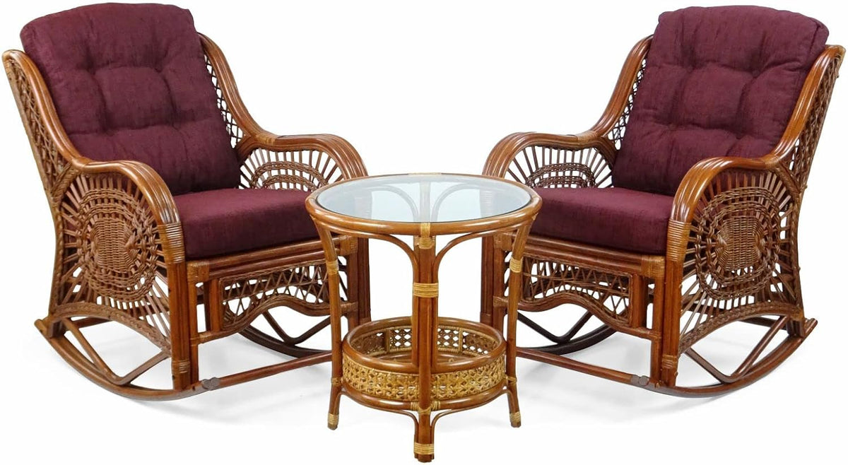 Natural Rattan Set of 2 Rocking Lounge Chairs with Dark Brown Cushions and Round Coffee Table with Glass D868743