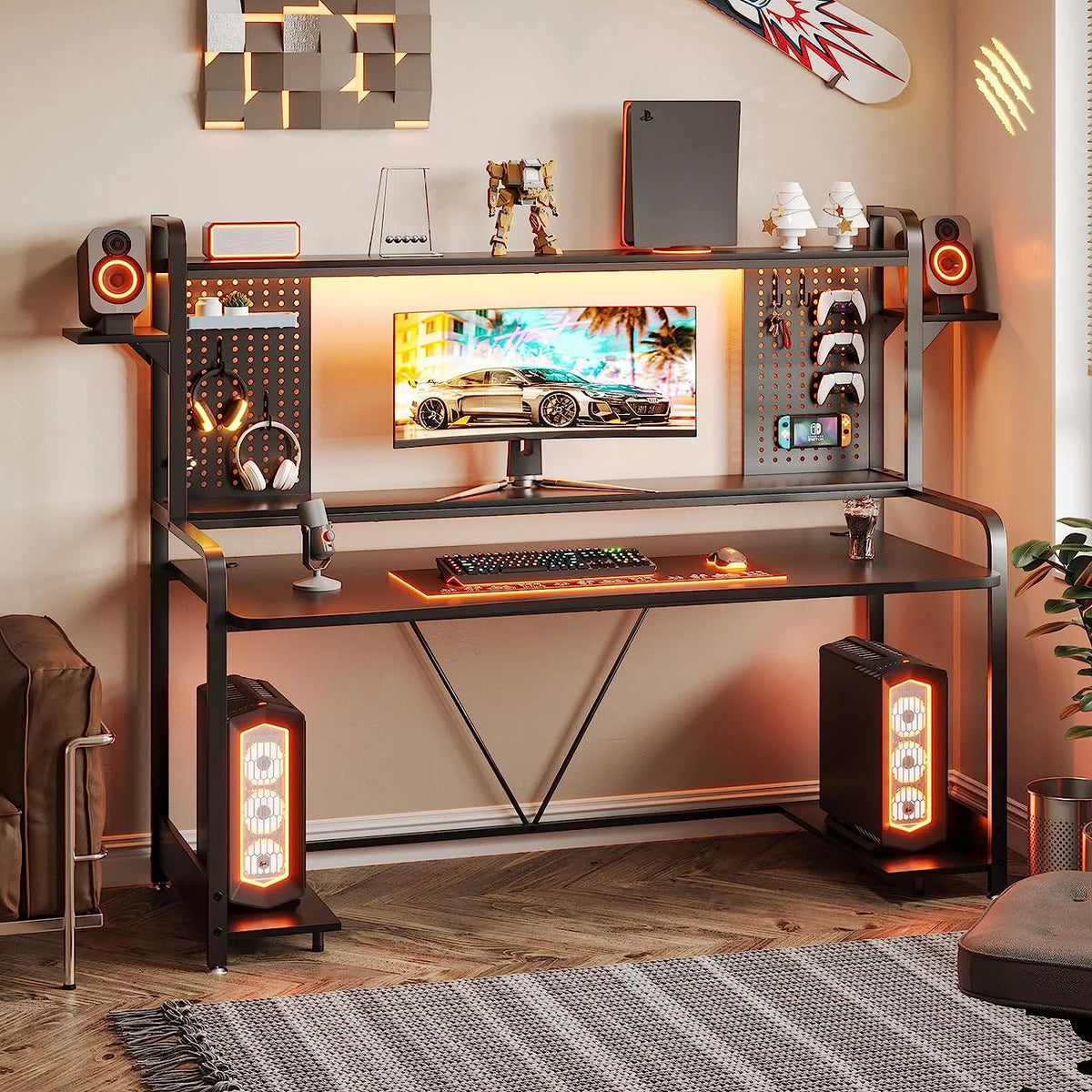 55" Gaming Desk with Hutch, Shelves, LED Lights, Pegboard and Monitor Shelf, Black B14768