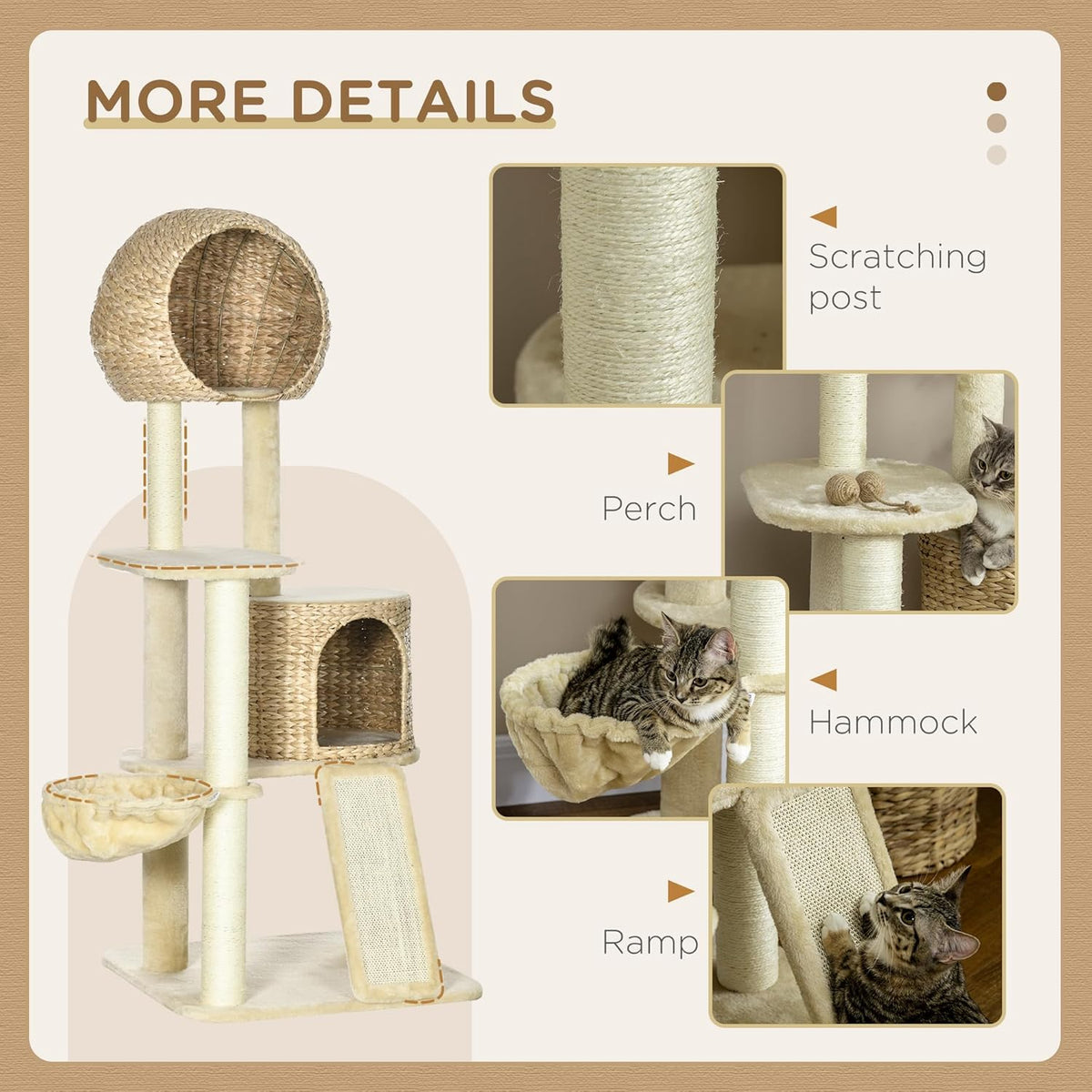 Beige Cat Tree with Cat Condo, Hammock, Perches, Scratching Posts, Ramp L95383