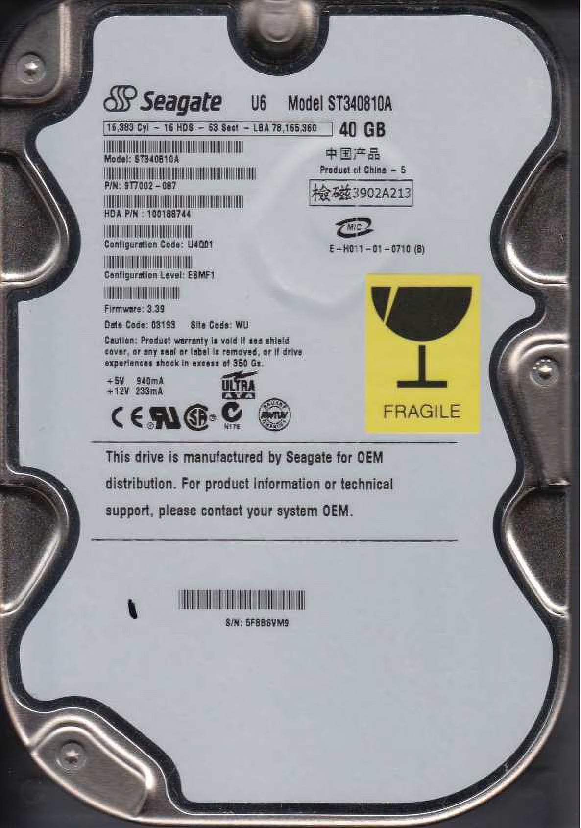 40GB IDE 3.5 Hard Drive I290