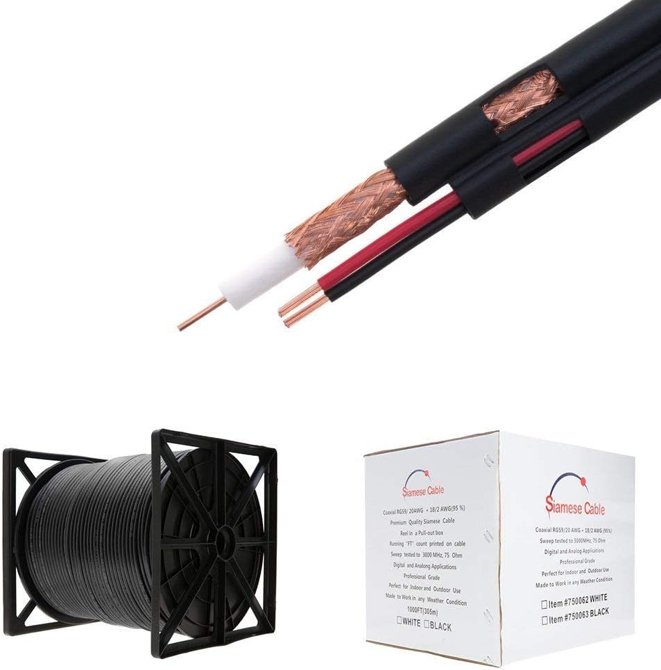 500FT Black Bulk Siamese RG59/U Cable, 20AWG + 18/2AWG, 95% Shielding, CCTV Video Wire, Pack of 2 O34346