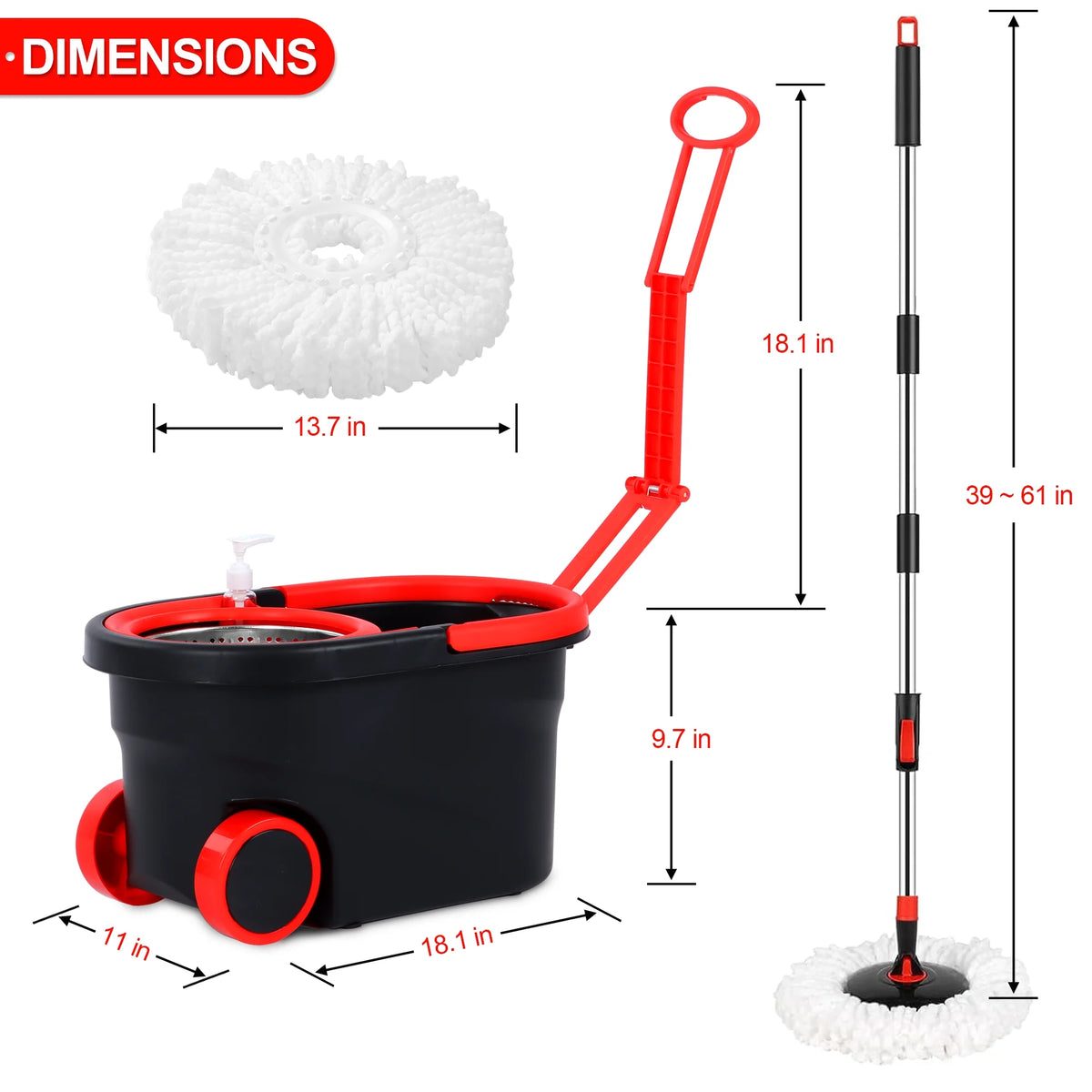 360° Spin Mop Bucket with Wringer, 3 Microfiber Mop Heads U29952