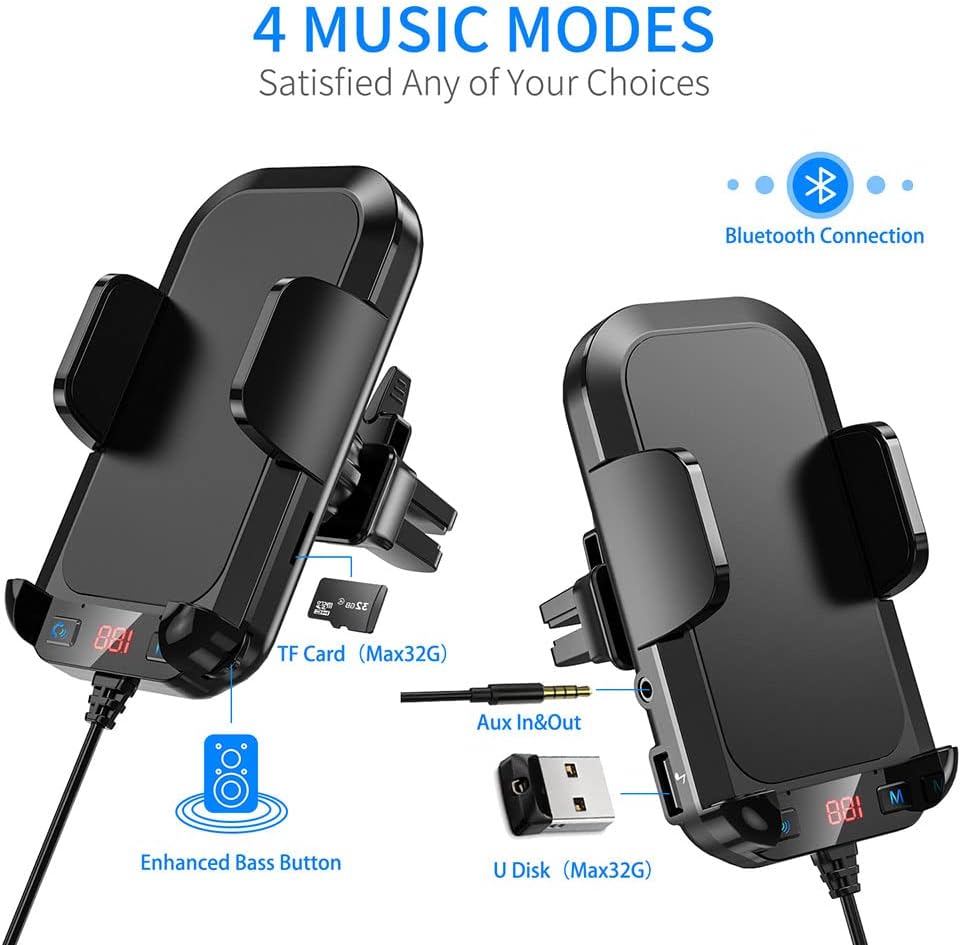 Car Phone Holder Bluetooth FM Transmitter Car Charger QC3.0 Dual USB Pack of 2 Z832