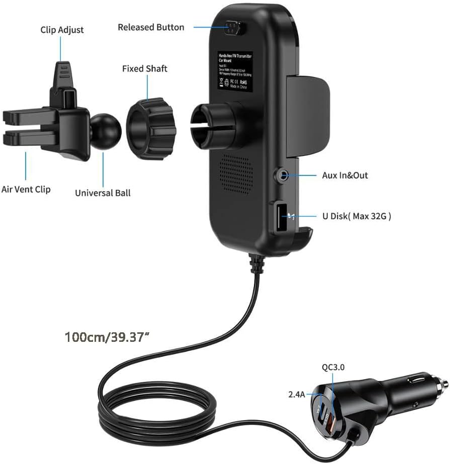Car Phone Holder Bluetooth FM Transmitter Car Charger QC3.0 Dual USB Pack of 2 Z832