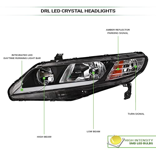 Compatible With 2006-2011 Honda Civic 4 Door Sedan Black Housing Headlights L216
