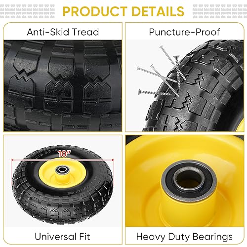 10" Solid Tires, 2 Pack Flat Free Wheels with 5/8" Axle Bore Hole V5138
