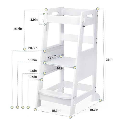 Bamboo Toddler Kitchen Step Stool White Height Adjustable with Anti-Slip Protection W4379