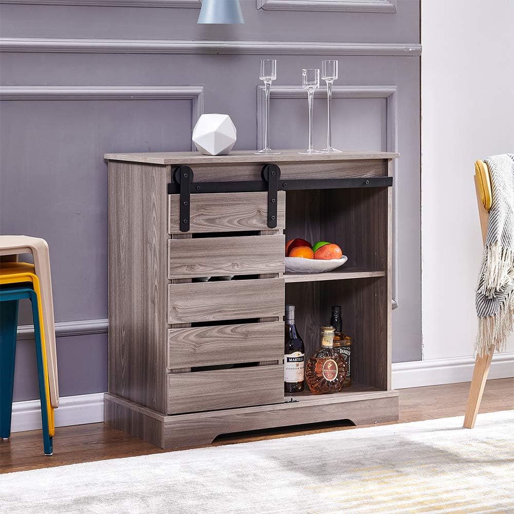White+Dark Walnut Barn Door Buffet Console Table with Sliding Door V22459