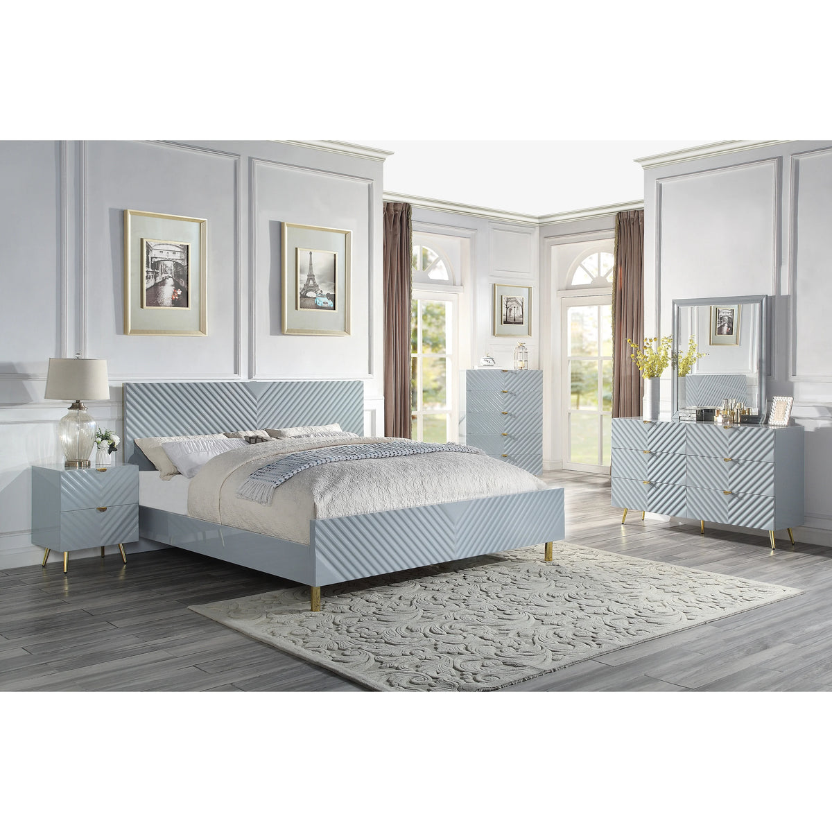 Gray High Gloss 2 Drawer Nightstand N2054