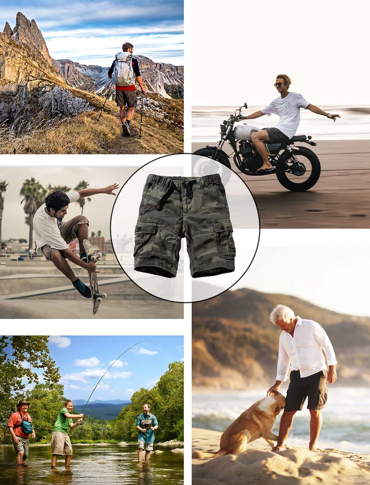 Camo Cargo Shorts with 6 Pockets Elastic Waist Khaki Camo 30 V999