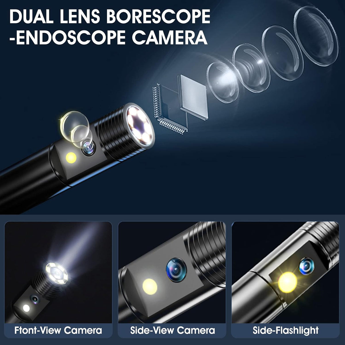 Dual Lens Industrial Endoscope with Flashlight, 4.3 LCD Screen 8mm IP67 Waterproof Detachable Snake Camera 32.8ft S54680