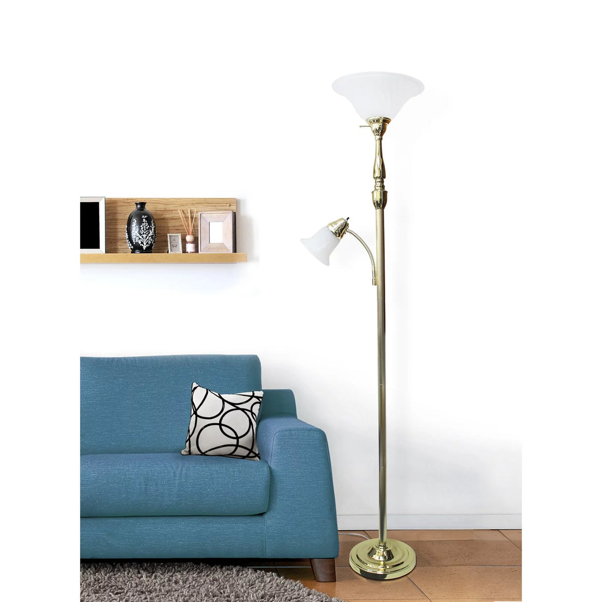 2 Light Torchiere Floor Lamp with White Marble Glass, Brushed Nickel R7991