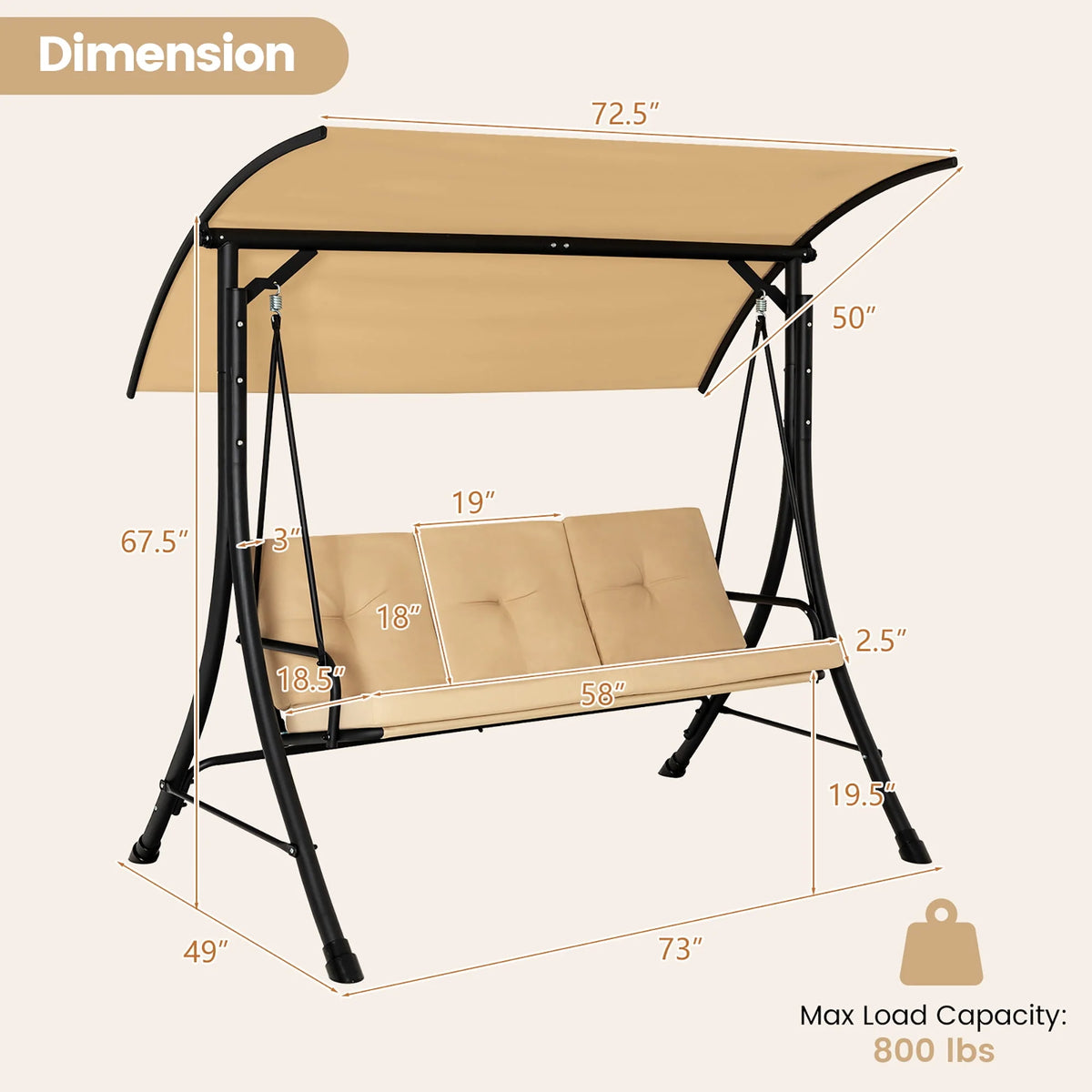3 Person Patio Swing Chair with Cushions and Canopy T4993