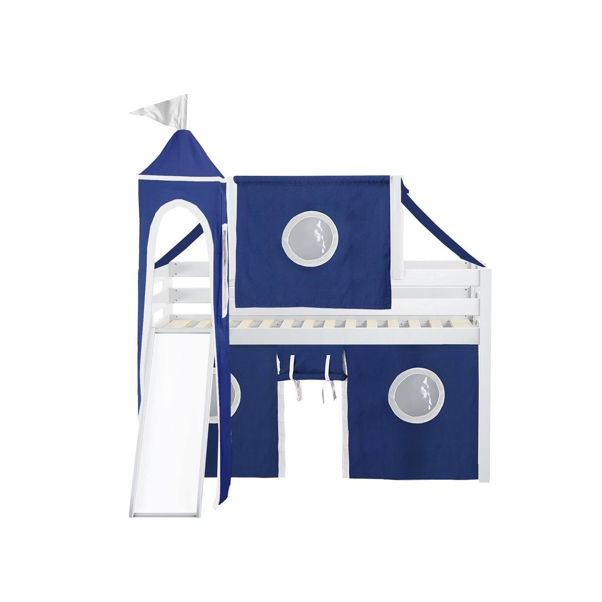 Low Loft Twin Bed with Slide and Tent and Tower, Gray U5209