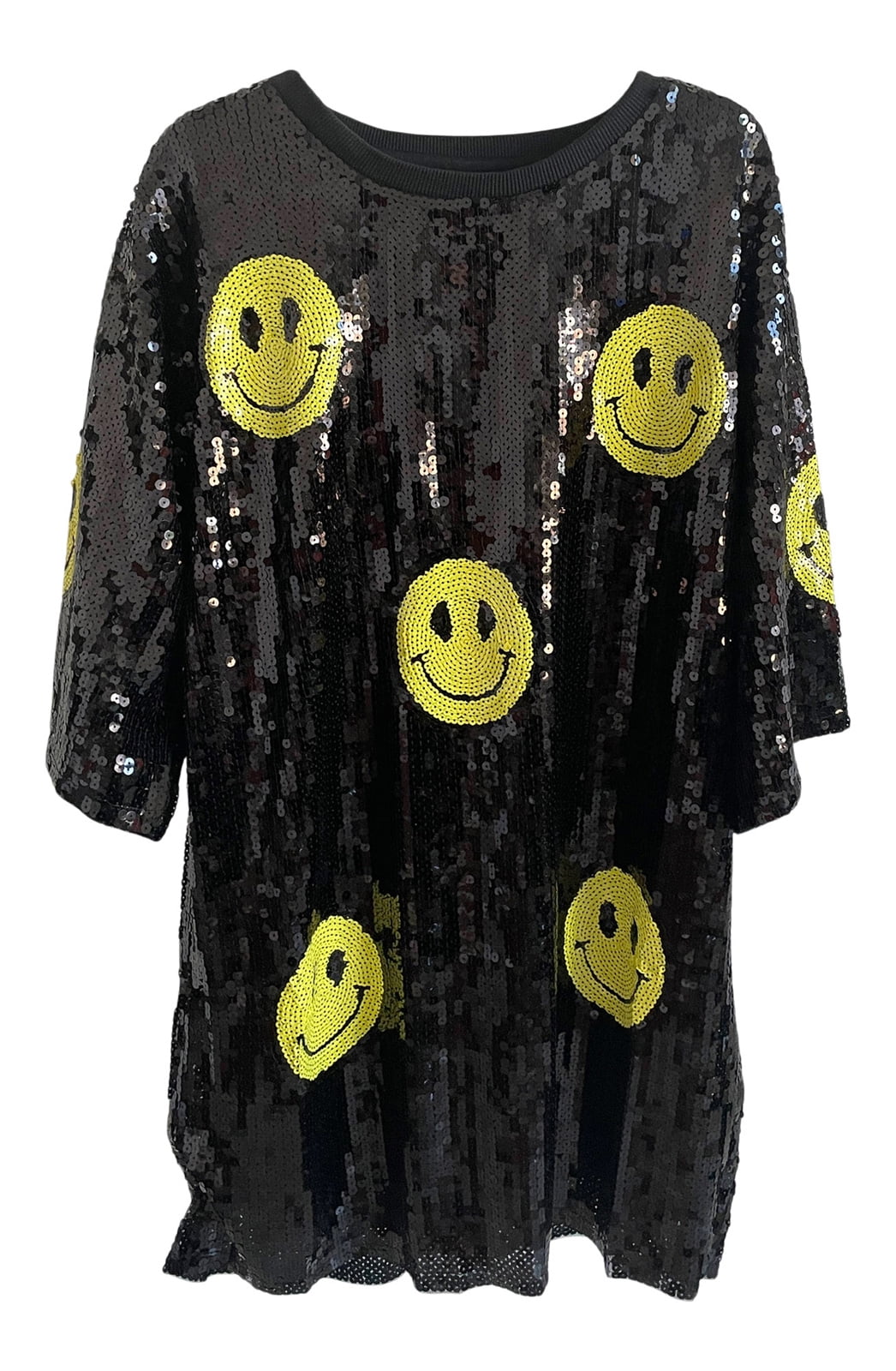 Sequin Smiley Face T Shirt Mini Dress Tunic Black S221477