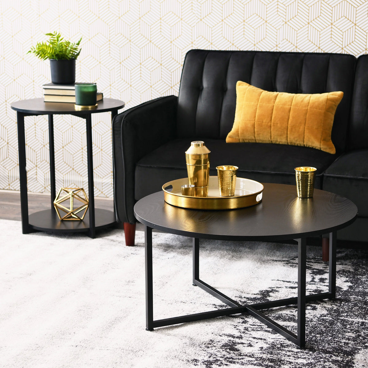 Round Coffee Table with Steel Frame and Faux Distressed Wood Finish W5128