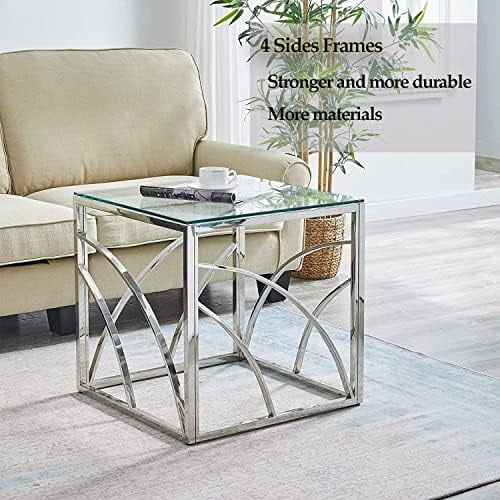 Glass End Table Set of 1 Square Tempered Glass Stainless Steel Side Table L186787