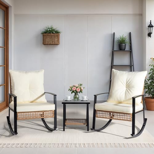 3-Piece Rattan Rocking Bistro Set with Cushions L984997