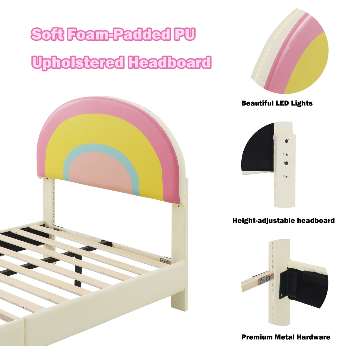 Twin Size Upholstered Platform Bed with Rainbow Shape Headboard and Lights U6485