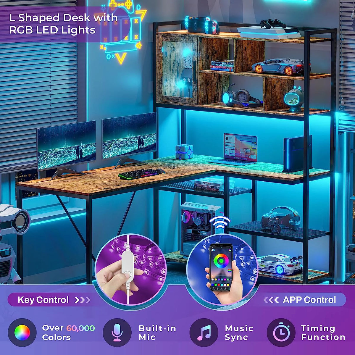 58" Brown L Shaped Gaming Desk with LED Lights and Bookshelf S60335