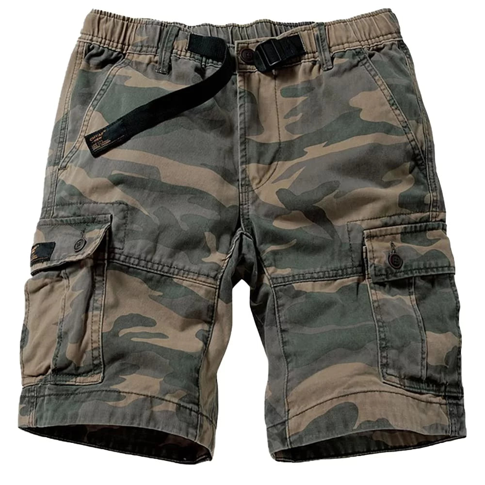 Camo Cargo Shorts with 6 Pockets Elastic Waist Khaki Camo 30 V999