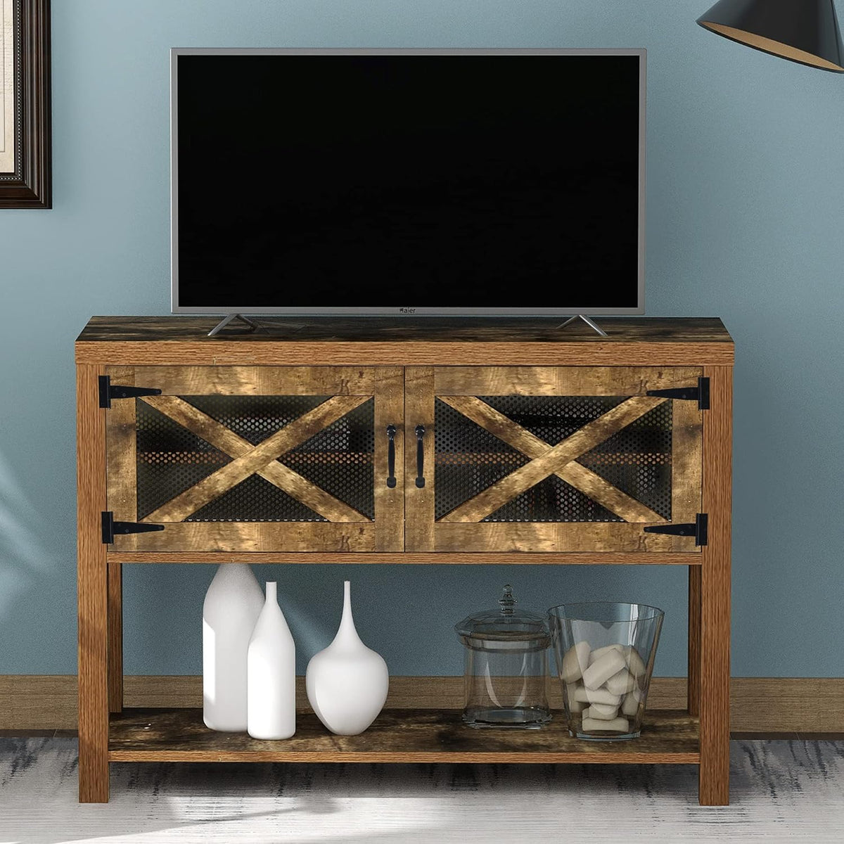 44 inch Rustic Console Table with Storage Cabinets and Bottom Shelf L8615