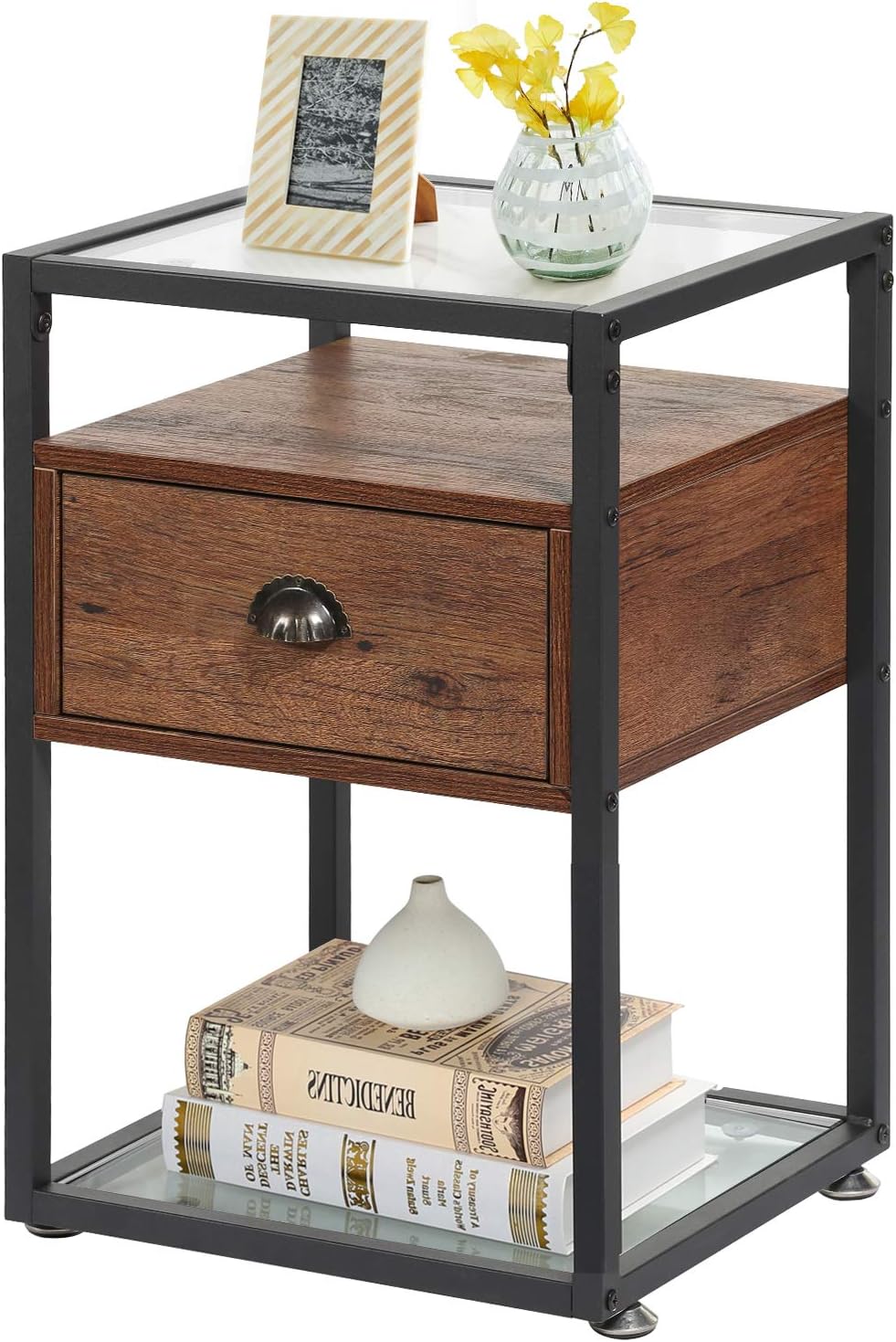 Black Side Table with Drawer and Shelf M9314