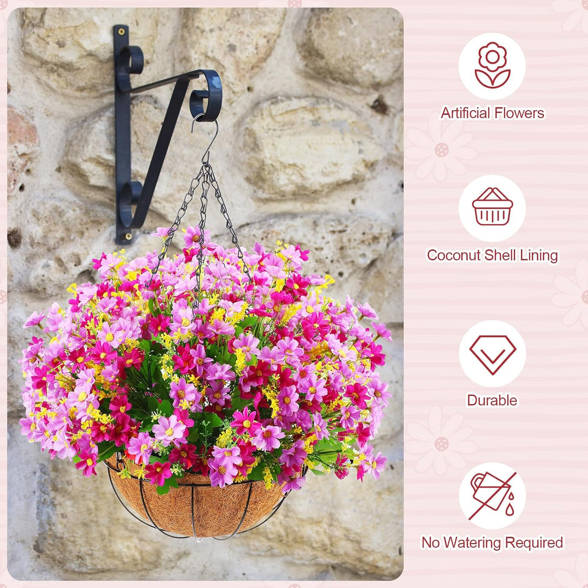 4 Pack Artificial Hanging Flowers in Basket with 12 Inch Coconut Lining T9594