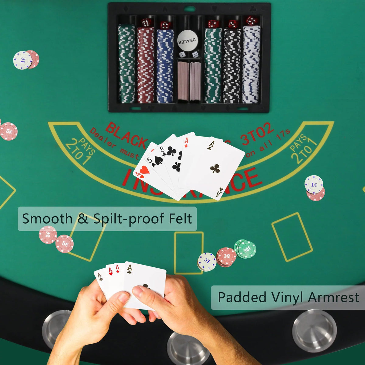 Folding Poker Table for 7 Player, 71" Blackjack Table with Foldable Legs and Removable Metal Cup Holder, Green Felt F958