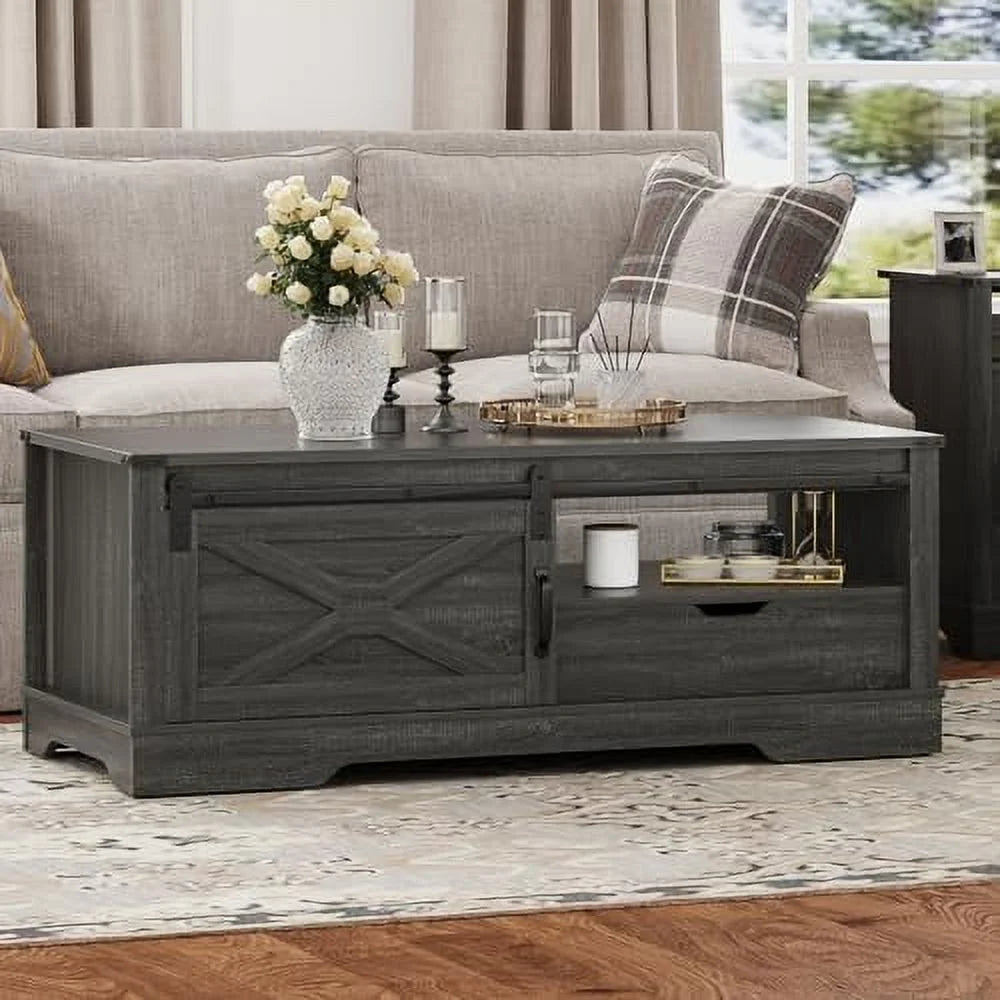 Dark Grey 48'' Rustic Coffee Table with Sliding Barn Door B141658