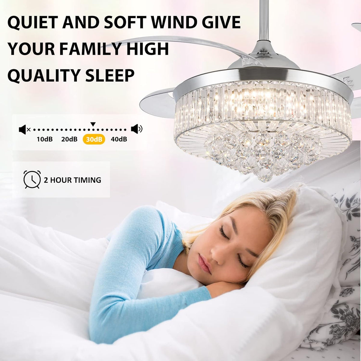 36 Inch Crystal Ceiling Fan with Lights, Remote Control Retractable Invisible Blades G394