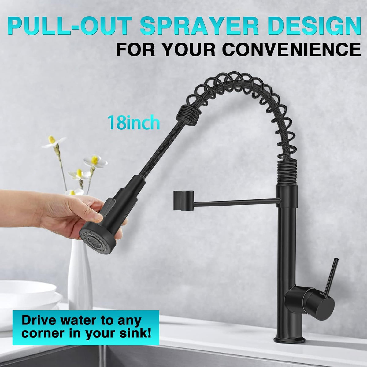 Matte Black 304 Stainless Steel Single Handle Spring Kitchen Sink Faucet with Pull Down Sprayer N425