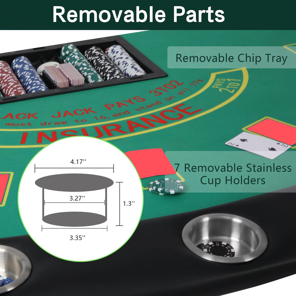 Folding Poker Table for 7 Player, 71" Blackjack Table with Foldable Legs and Removable Metal Cup Holder, Green Felt F958
