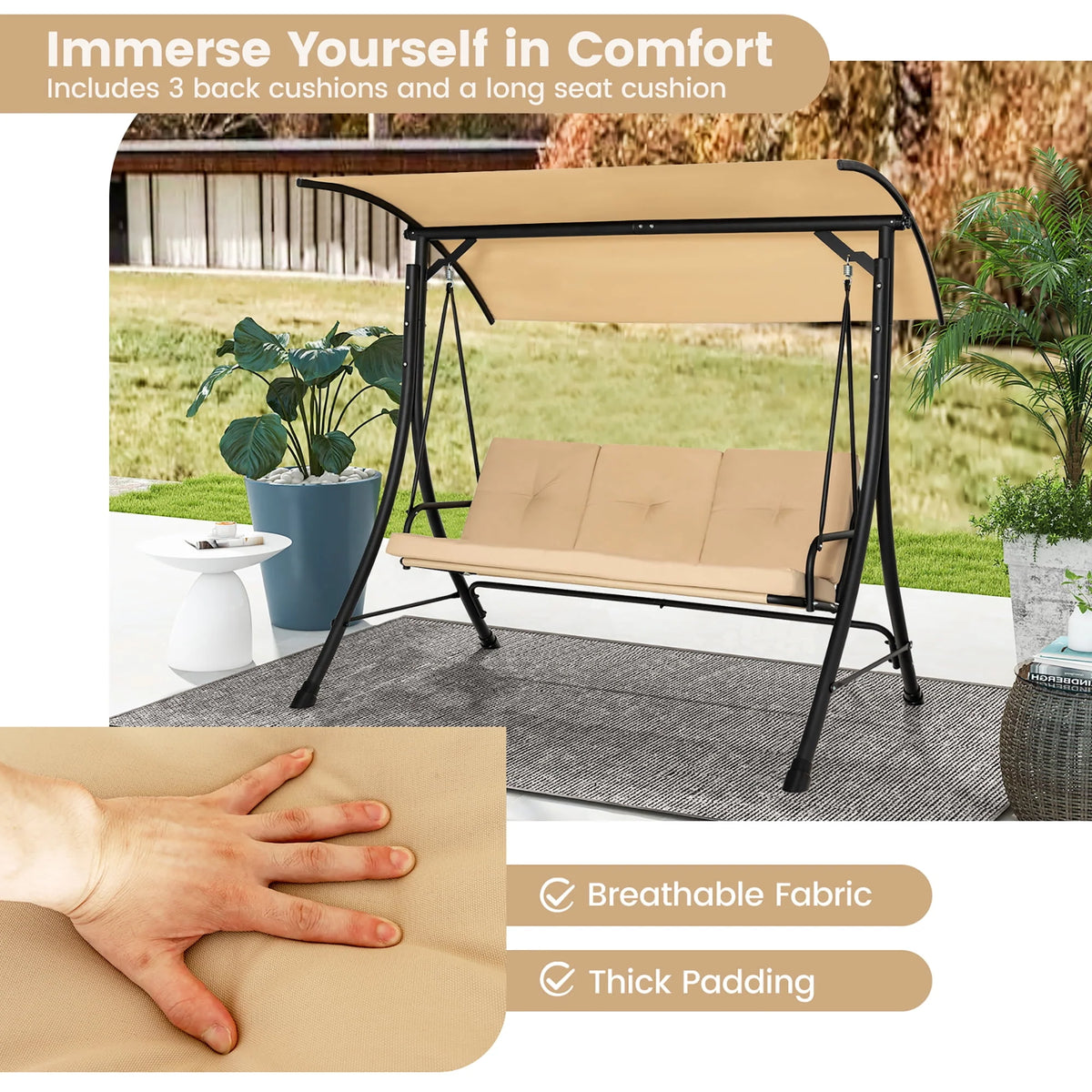 3 Person Patio Swing Chair with Cushions and Canopy T4993