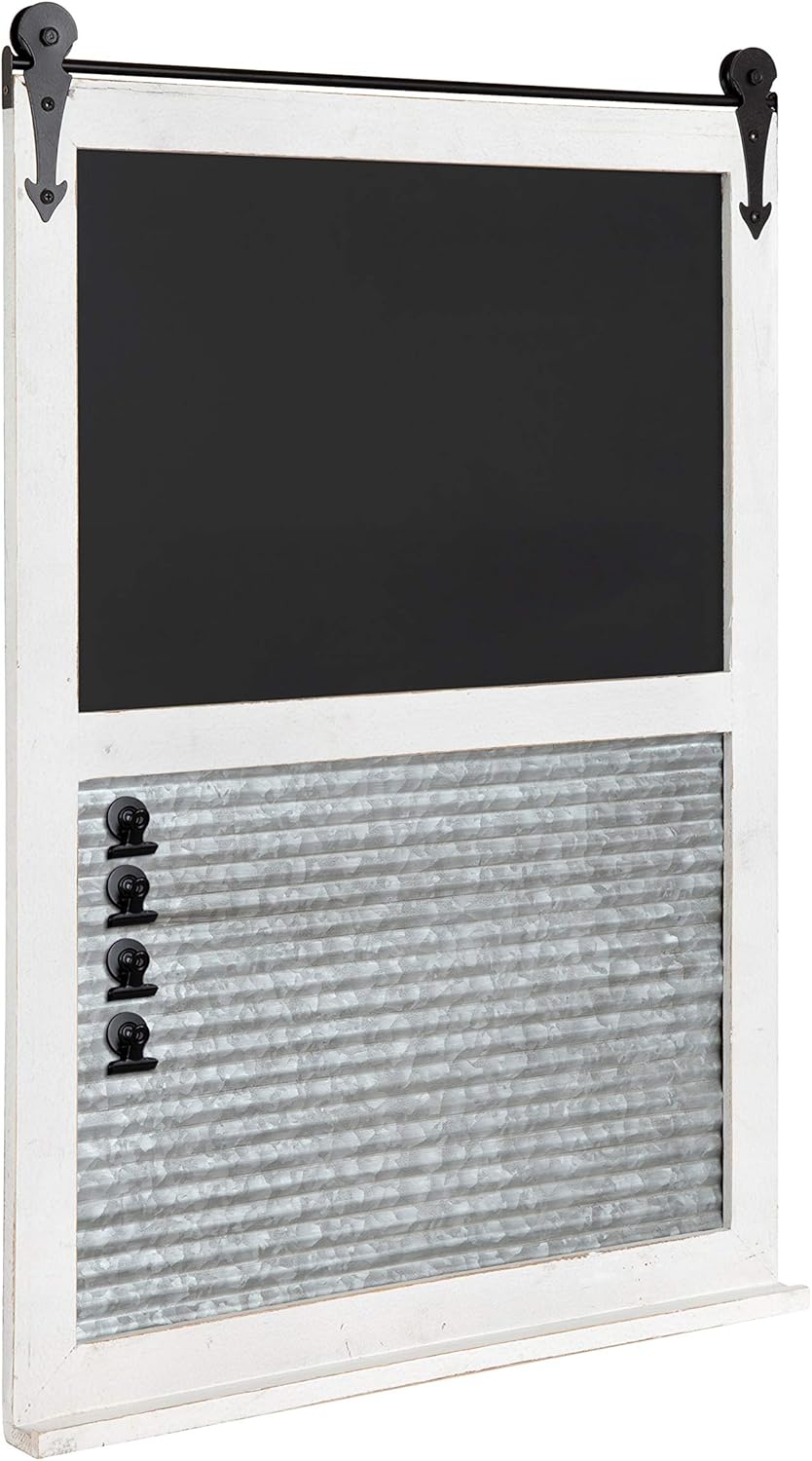 Rustic Brown Barn Door Wood Framed Multi-Use Organizer with Chalkboard and Magnetic Memo Area S6700