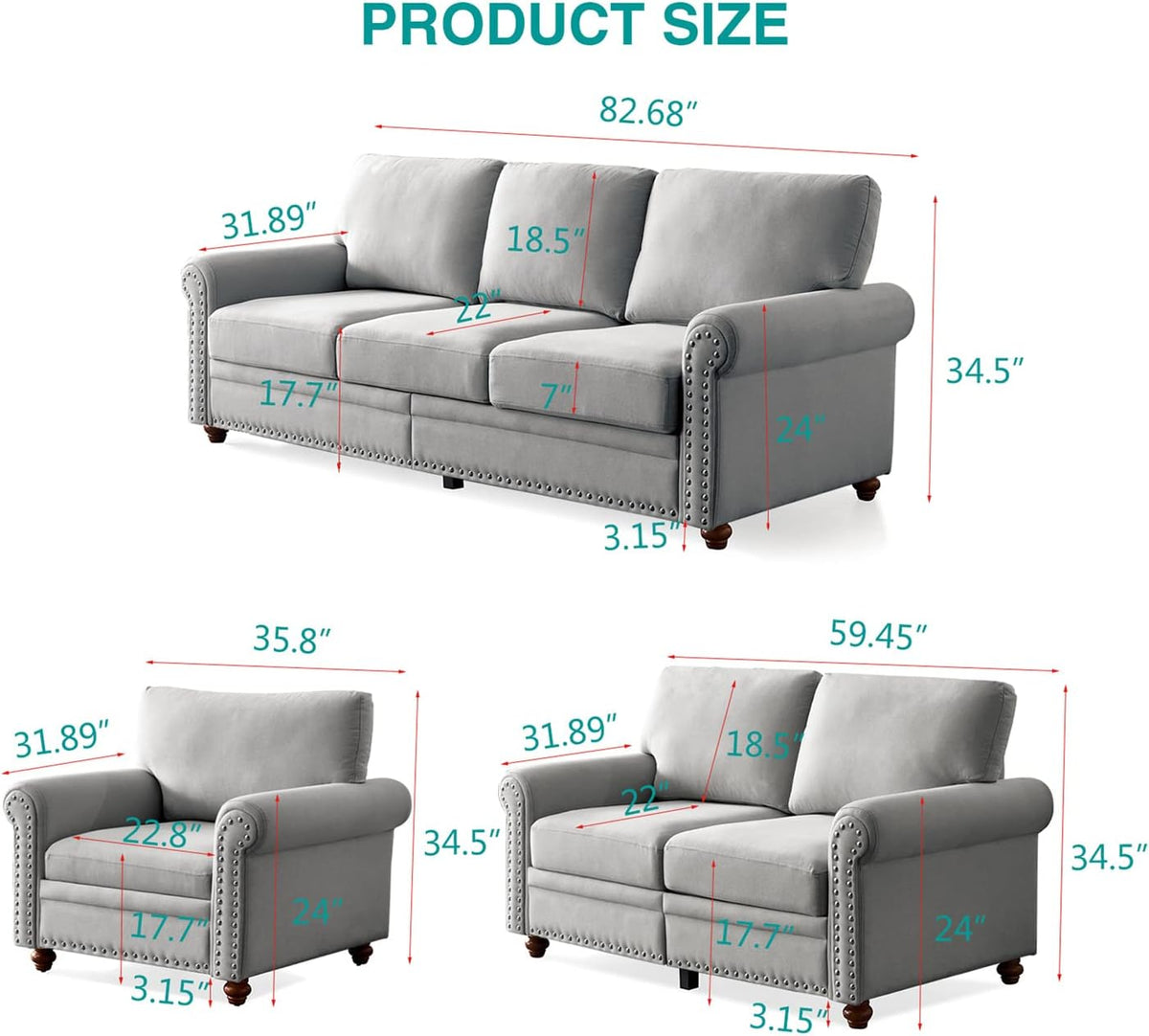 Grey 3-Seat Sofa Set with Storage A9482