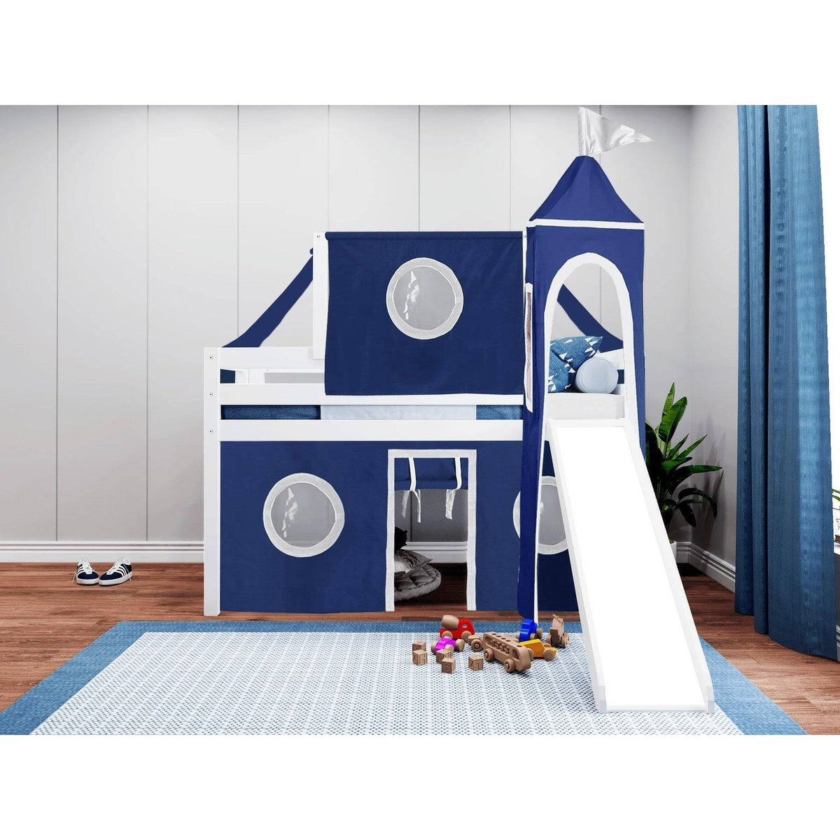 Low Loft Twin Bed with Slide and Tent and Tower, Gray U5209