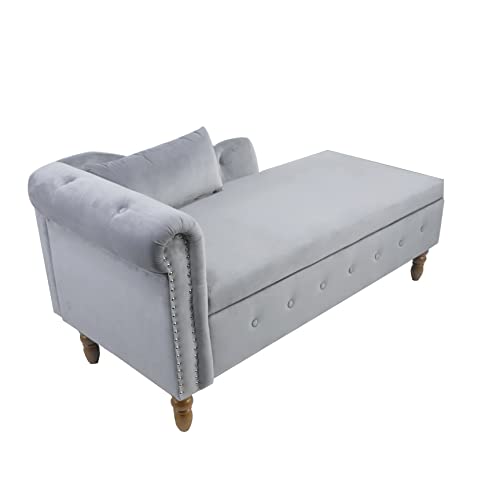 Gray Velvet Upholstered Lounge Chair with Storage and Pillow W202