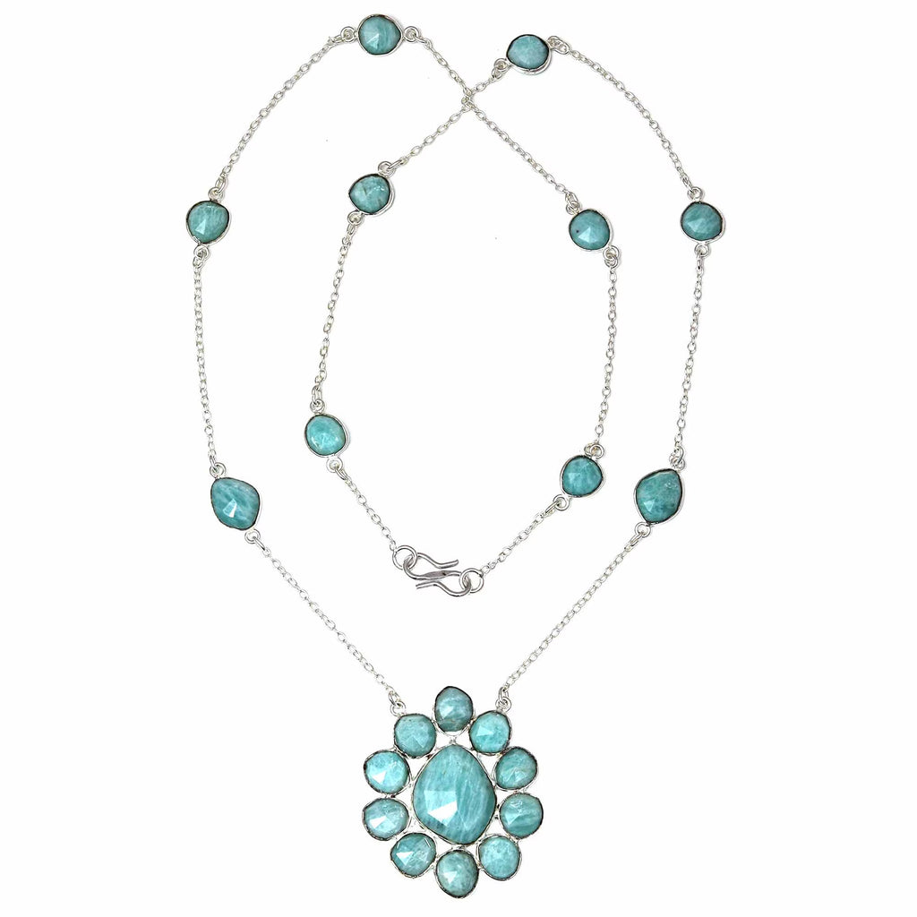 Antique 925 Silver Amazonite Gemstone Necklace 26'' Q1605