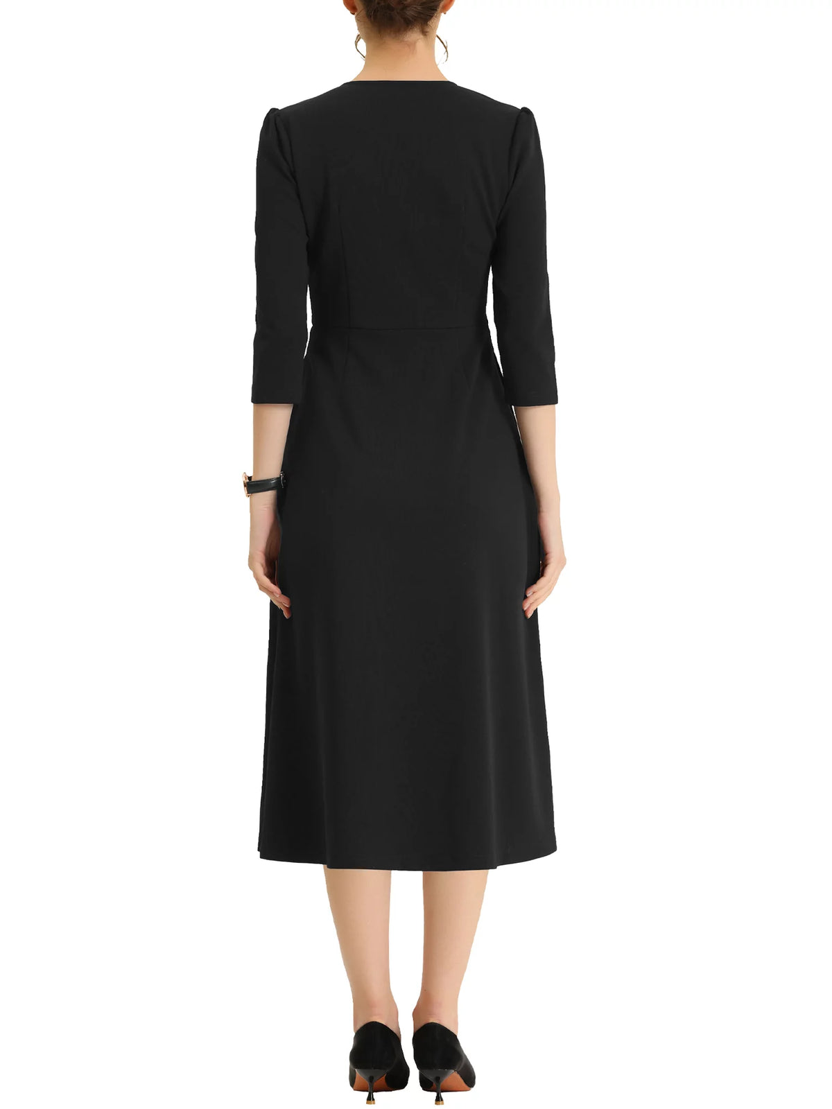 A-Line Dress 3/4 Sleeve Notched V Neck L14485