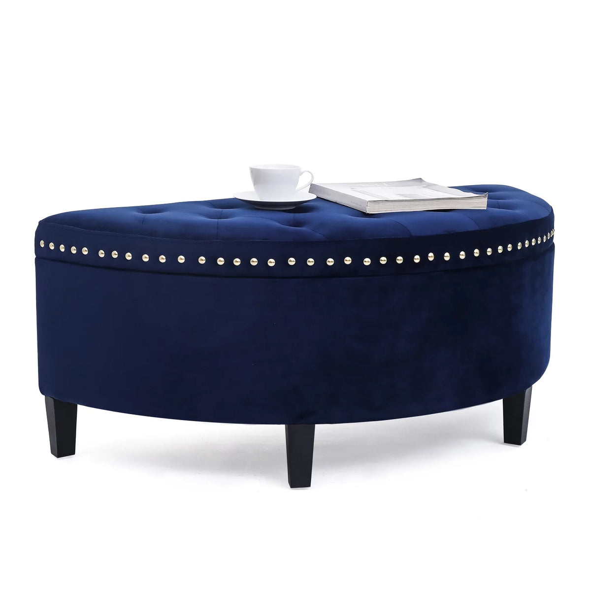 Dark Blue Button Tufted Half Moon Storage Ottoman I8267