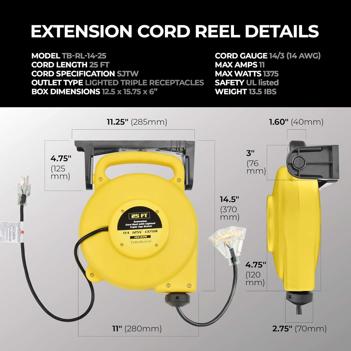 25 Ft Retractable Extension Cord Reel with 3 Electrical Outlets S729489