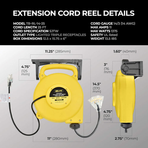 25 Ft Retractable Extension Cord Reel with 3 Electrical Outlets S729489