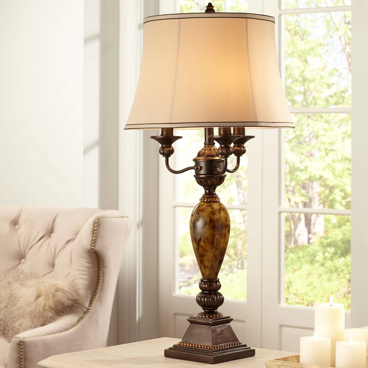 Traditional Table Lamp 37" Tall Bronze with White Bell Shade C9424