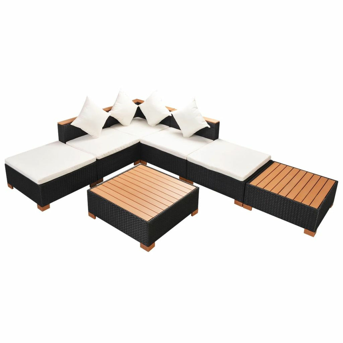 7 Piece Outdoor Sectional Sofa Set with Coffee Table and Ottoman Black Poly Rattan O77806