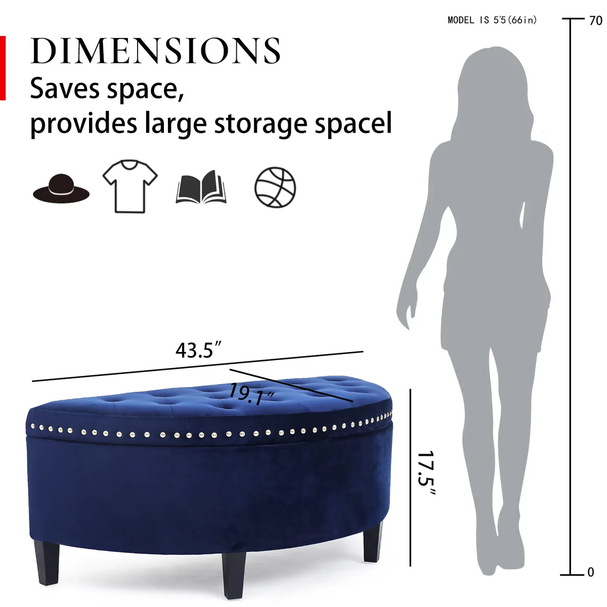 Dark Blue Button Tufted Half Moon Storage Ottoman I8267